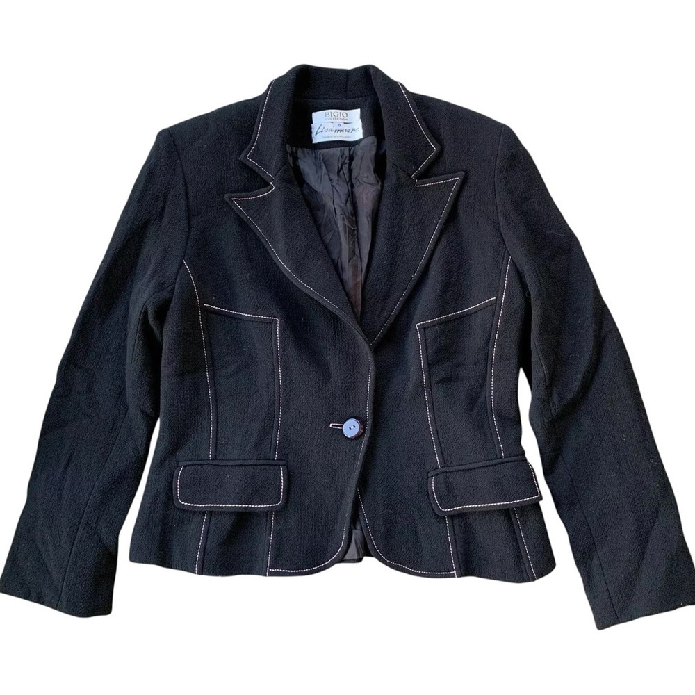 Lisa Moran Bigio Collection Wool Buttoned Blazer Jacket Black Pink Trim Size 8
